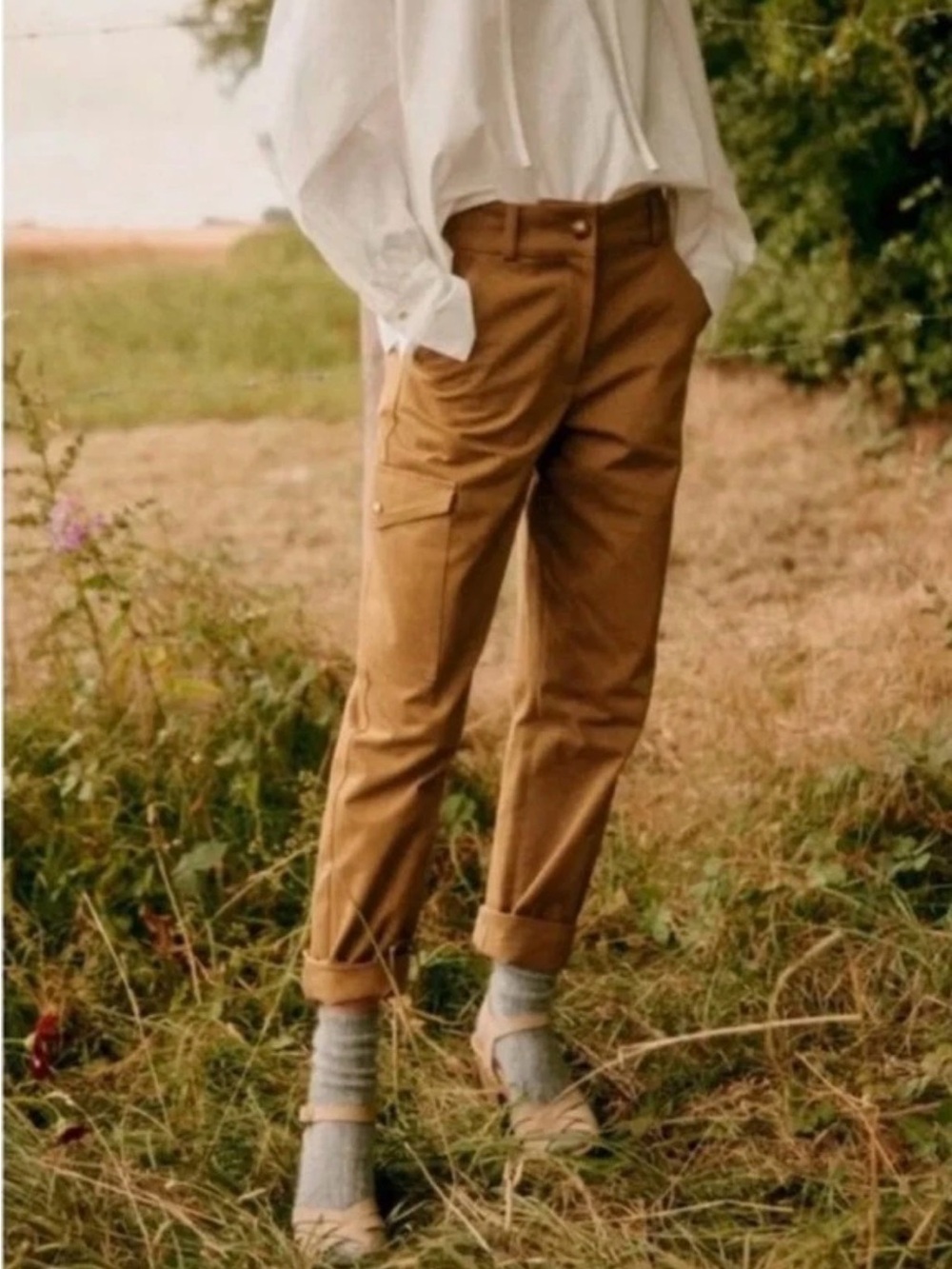 Sezane Benicio Trousers Caramel Cargo Straight Leg Pants France = 38, USA= 6